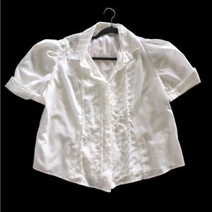 Vintage Womens Blouse White Short Sleeve Embroidered Lace Puff Sleeves Eyelet XL